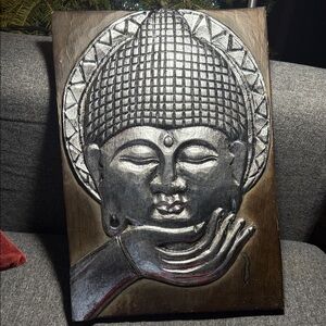 Large Hand-Carved Buddha Wall Art Silver Leaf Wood Relief Panel Zen Decor 11x16